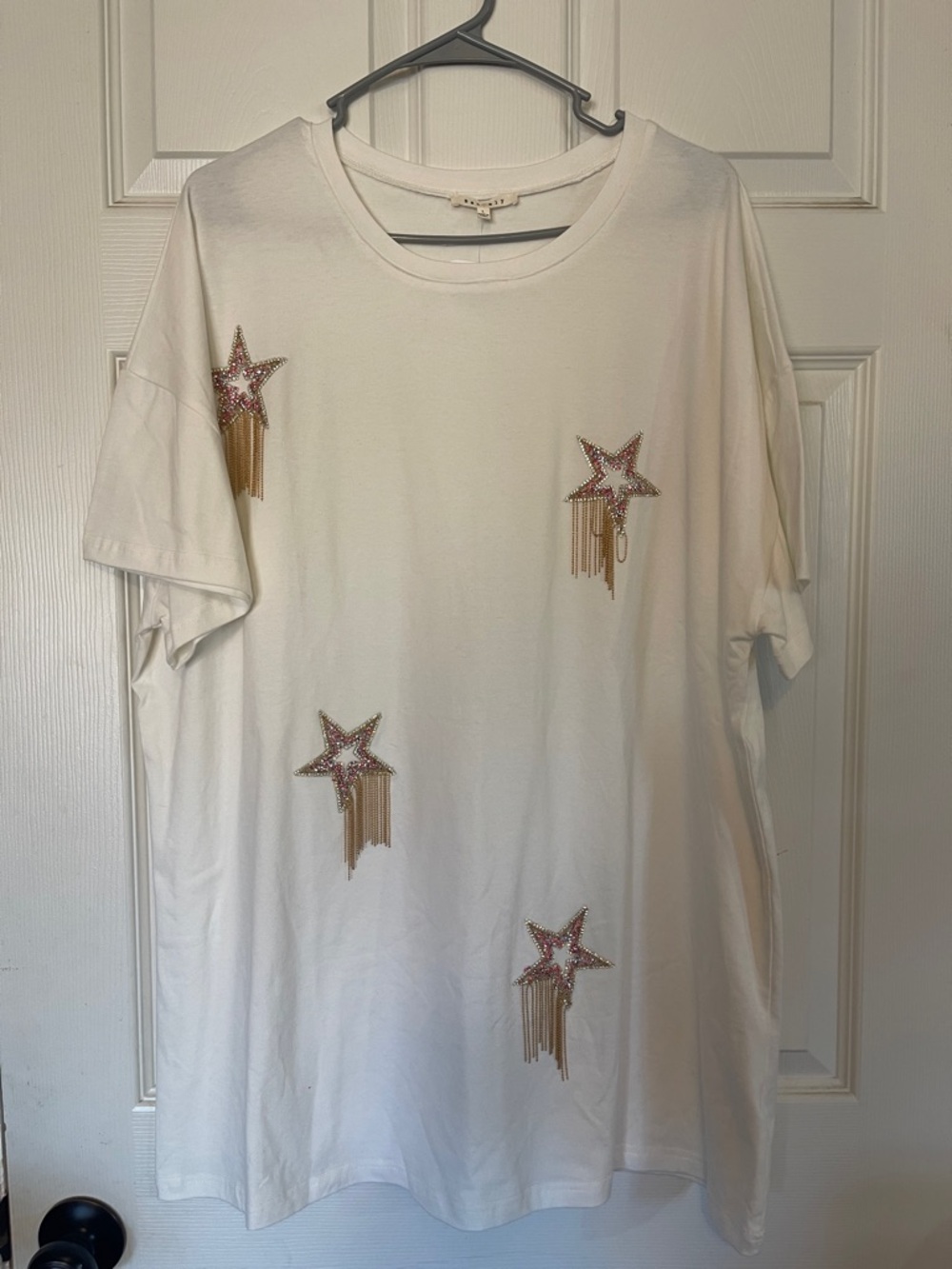 Baevely White Star Embellished Tee with Gold Fringe